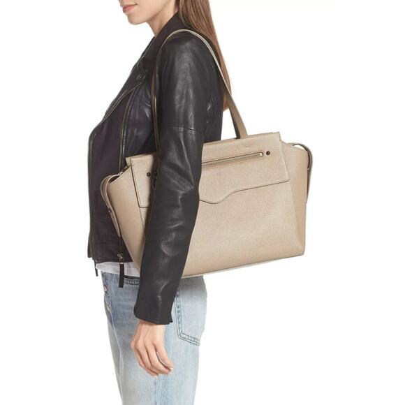 Rebecca Minkoff Gabby Leather Satchel Tote Large Shoulder Bag Beige Clean Lined - Picture 16 of 16